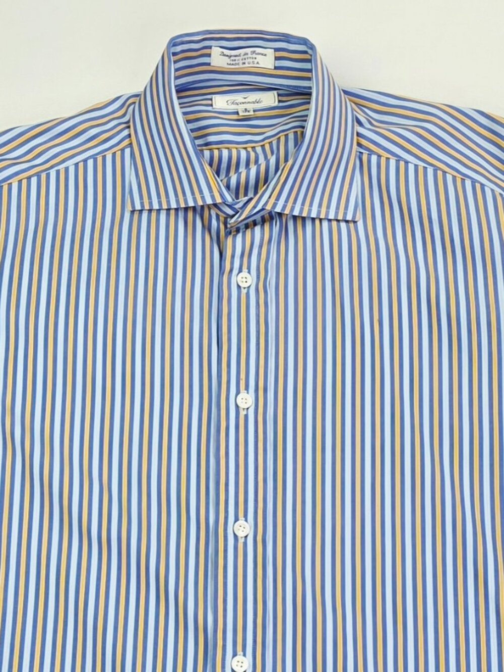 Faconnable French Cuff Spread Collar Size 6/17R Mens Blue White Mustard Stripe